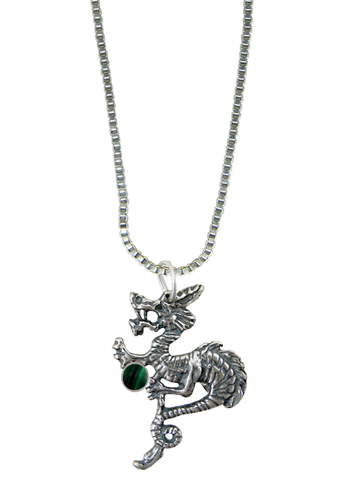 Sterling Silver Petite Dragon Pendant With Malachite